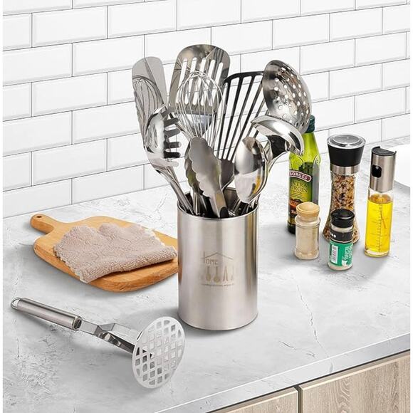 11pcs Stainless Steel Cooking Utensils Set with Holder- Silver - Picture 2 of 5